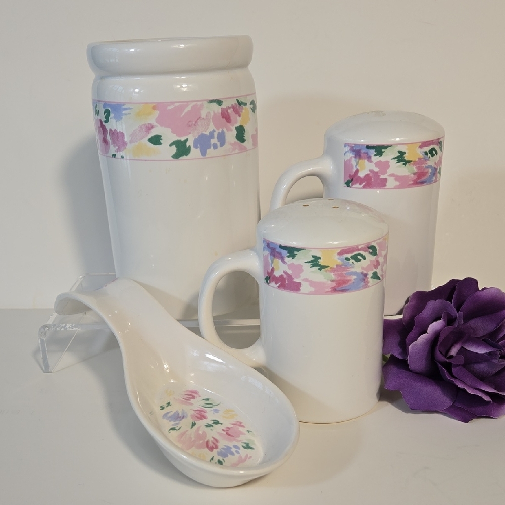 White Ceramic Floral Kitchen Set • Utensil Holder + Spoon Rest + Salt & Pepper •